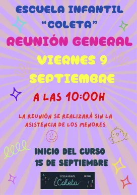 Cartel reunión general familias, Escuela infantil Coleta, Miguelturra septiembre 2026