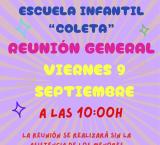 Cartel reunión general familias, Escuela infantil Coleta, Miguelturra septiembre 2026